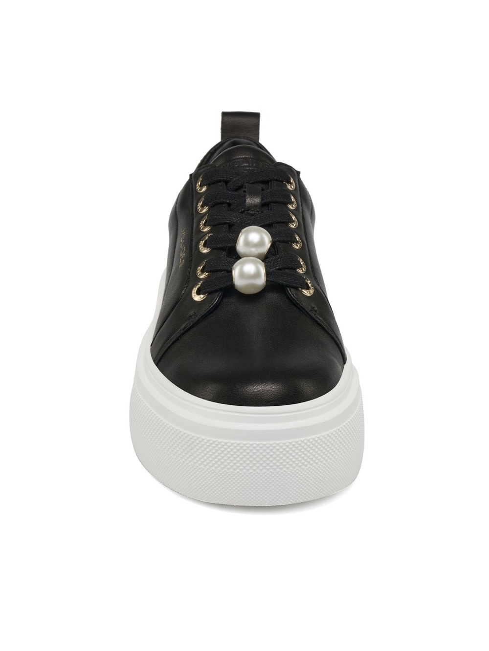 J/SLIDES Black Leather Platform Sneaker with Pearl Details